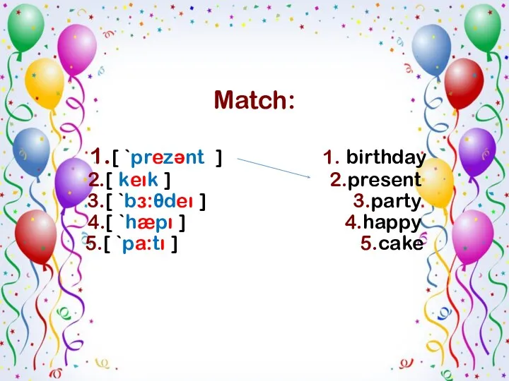 Match: 1.[ `prezənt ] 1. birthday 2.[ keık ] 2.present