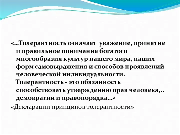 «…Толерантность означает уважение, принятие и правильное понимание богатого многообразия культур