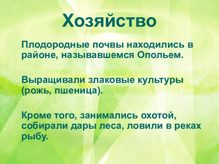 Хозяйство Плодородные почвы находились в районе, называвшемся Опольем. Выращивали злаковые