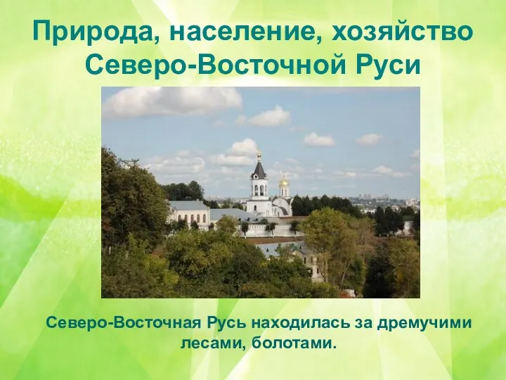 Природа, население, хозяйство Северо-Восточной Руси Северо-Восточная Русь находилась за дремучими лесами, болотами.