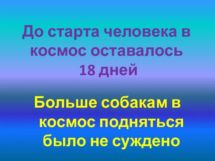 До старта человека в космос оставалось 18 дней Больше собакам в космос подняться было не суждено