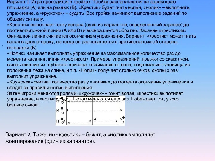 . «Гонка волана с упражнениями» Вариант 1. Игра проводится в тройках. Тройки располагаются