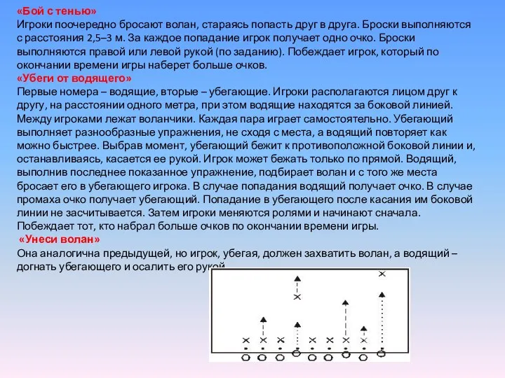 «Бой с тенью» Игроки поочередно бросают волан, стараясь попасть друг