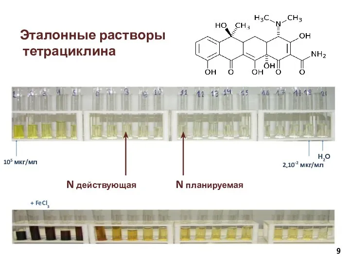 Эталонные растворы тетрациклина N действующая N планируемая 105 мкг/мл 2*10-2 мкг/мл Н2О