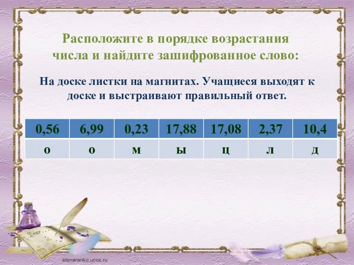 Расположите в порядке возрастания числа и найдите зашифрованное слово: На