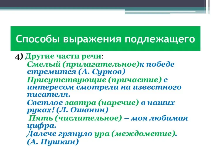 Способы выражения подлежащего 4) Другие части речи: Смелый (прилагательное)к победе