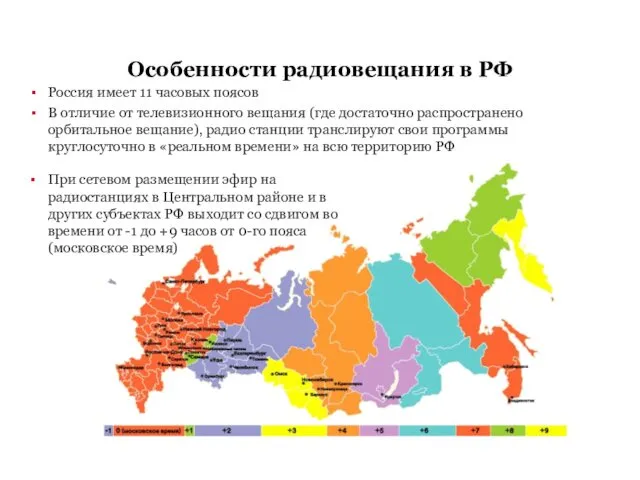 Особенности радиовещания в РФ Россия имеет 11 часовых поясов В отличие от телевизионного