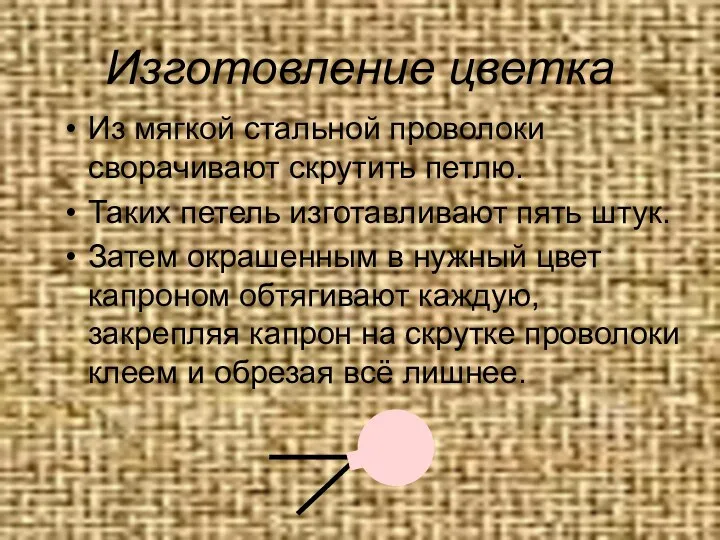 Изготовление цветка Из мягкой стальной проволоки сворачивают скрутить петлю. Таких