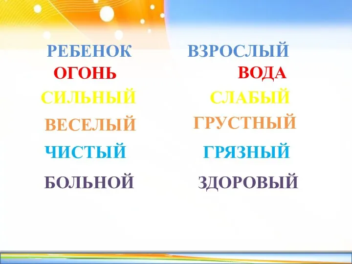 РЕБЕНОК ВЗРОСЛЫЙ ОГОНЬ ВОДА СИЛЬНЫЙ СЛАБЫЙ ВЕСЕЛЫЙ ГРУСТНЫЙ ЧИСТЫЙ ГРЯЗНЫЙ БОЛЬНОЙ ЗДОРОВЫЙ