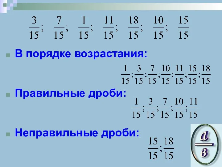 В порядке возрастания: Правильные дроби: Неправильные дроби: