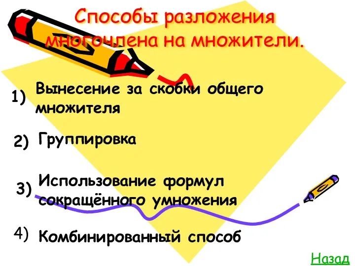 Способы разложения многочлена на множители. Назад 1) 2) 3) 4)