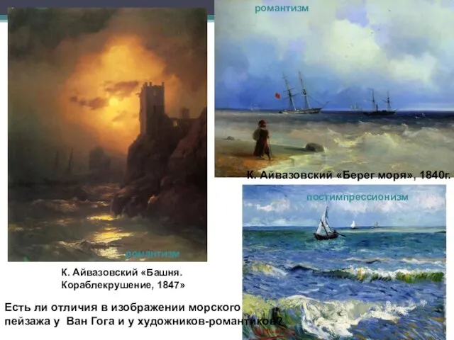 К. Айвазовский «Башня. Кораблекрушение, 1847» К. Айвазовский «Берег моря», 1840г.