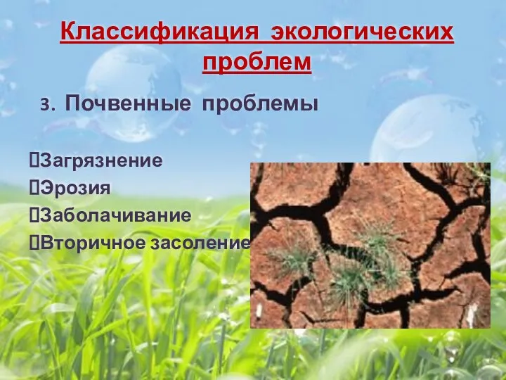 Классификация экологических проблем 3. Почвенные проблемы Загрязнение Эрозия Заболачивание Вторичное засоление
