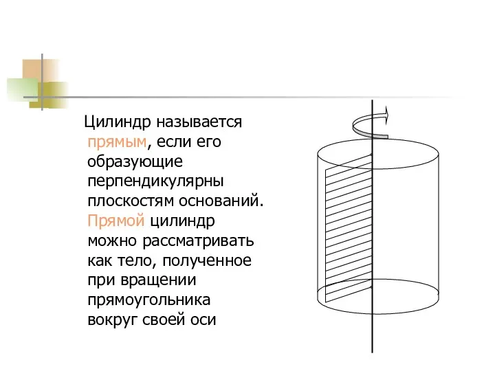 Цилиндр называется прямым, если его образующие перпендикулярны плоскостям оснований. Прямой