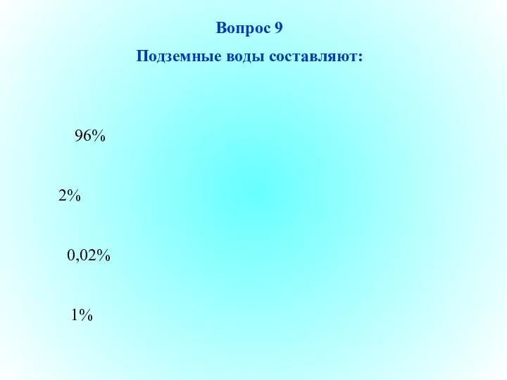 2% 0,02% 1% 96% Вопрос 9 Подземные воды составляют: