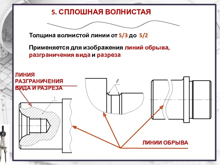 5. СПЛОШНАЯ ВОЛНИСТАЯ ЛИНИЯ Толщина волнистой линии от S/3 до