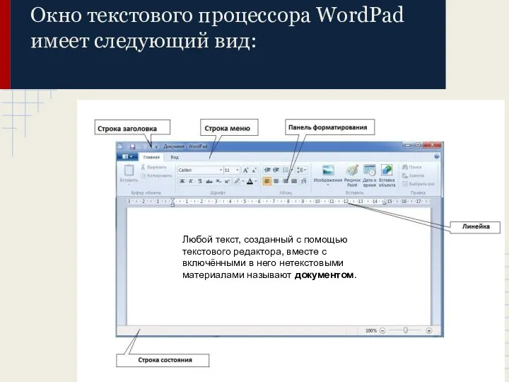 Окно текстового процессора WordPad имеет следующий вид: Любой текст, созданный