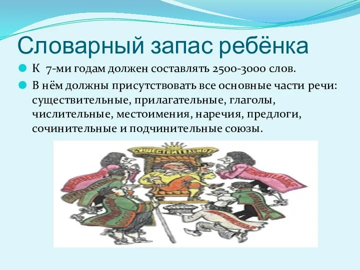 Словарный запас ребёнка К 7-ми годам должен составлять 2500-3000 слов.