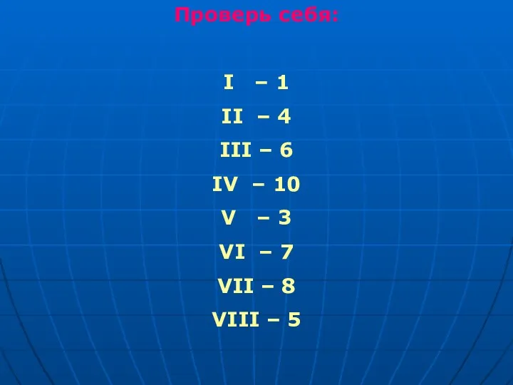 Проверь себя: I – 1 II – 4 III – 6 IV –