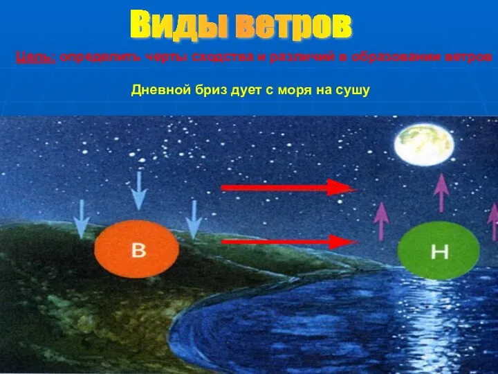 Цель: определить черты сходства и различий в образовании ветров Дневной бриз дует с