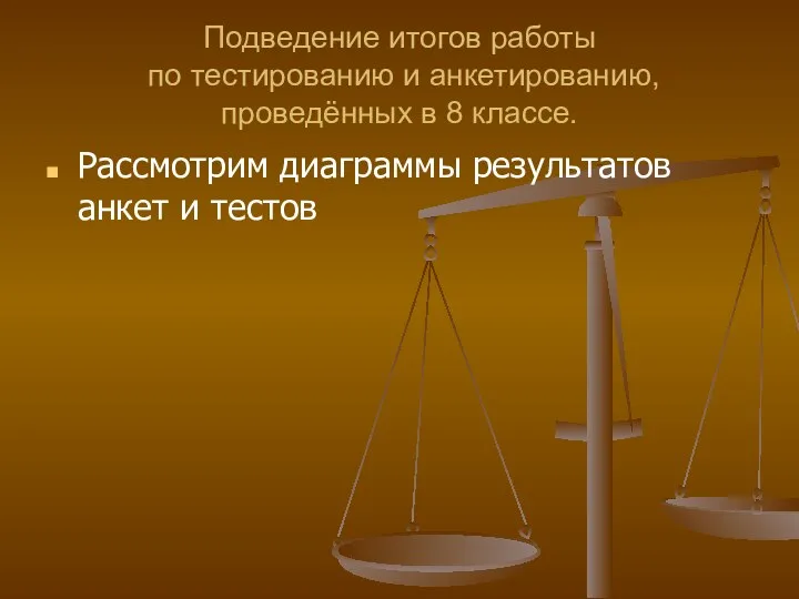 Подведение итогов работы по тестированию и анкетированию, проведённых в 8 классе. Рассмотрим диаграммы