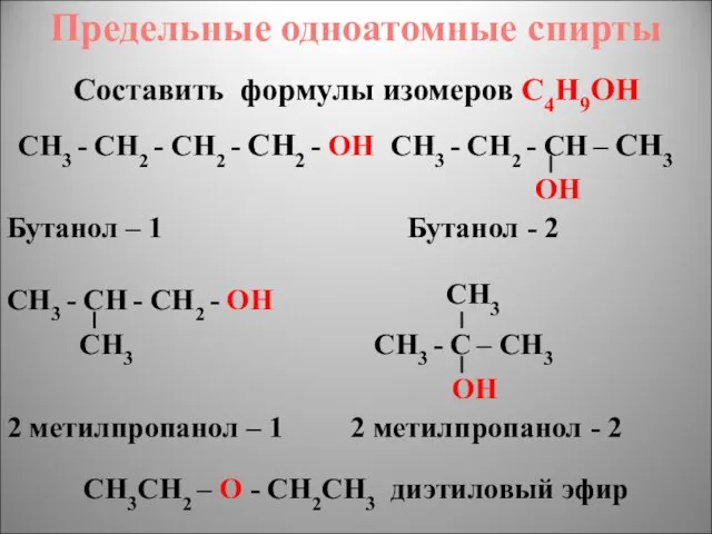 Предельные одноатомные cпирты СН3 - СН2 - СН2 - СН2