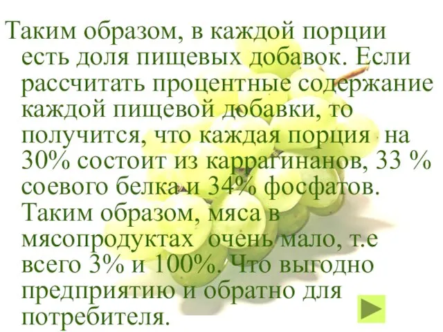 Таким образом, в каждой порции есть доля пищевых добавок. Если