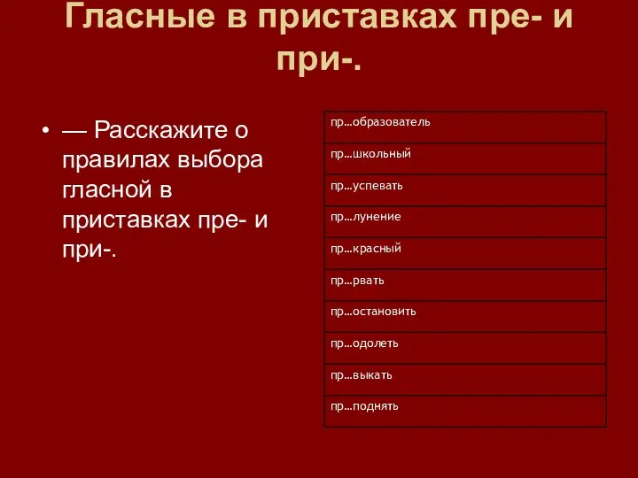 Гласные в приставках пре- и при-. — Расскажите о правилах