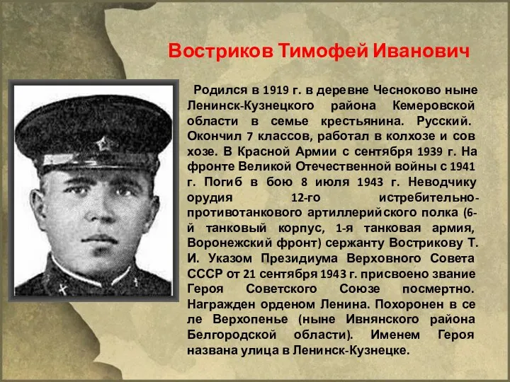 Востриков Тимофей Иванович Родился в 1919 г. в деревне Чесноково