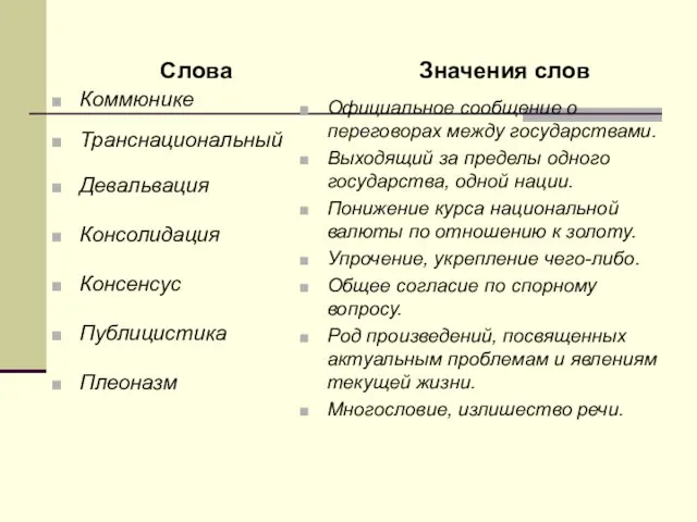 Слова Значения слов Коммюнике Транснациональный Девальвация Консолидация Консенсус Публицистика Плеоназм