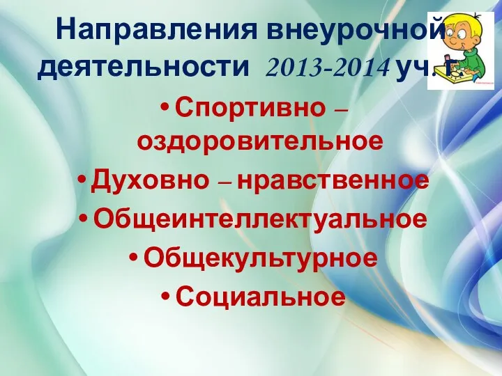 Направления внеурочной деятельности 2013-2014 уч. г. Спортивно – оздоровительное Духовно – нравственное Общеинтеллектуальное Общекультурное Социальное