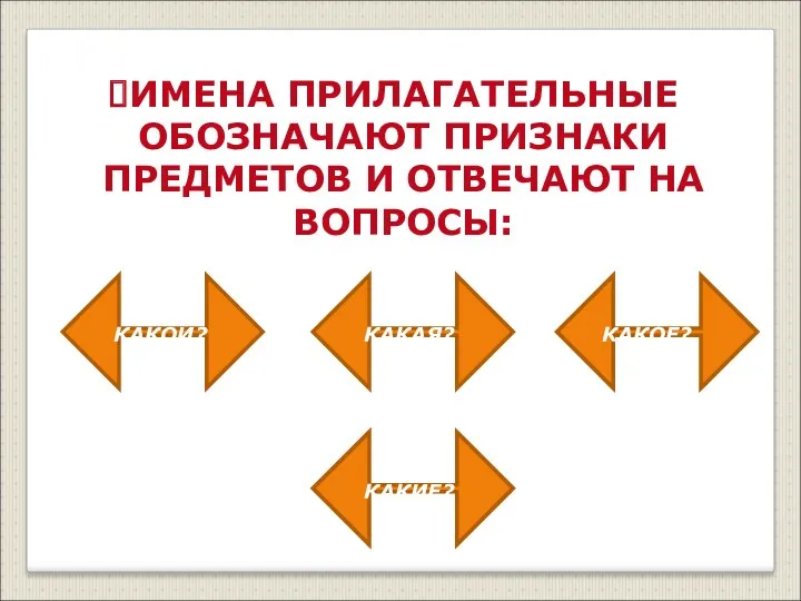 ИМЕНА ПРИЛАГАТЕЛЬНЫЕ ОБОЗНАЧАЮТ ПРИЗНАКИ ПРЕДМЕТОВ И ОТВЕЧАЮТ НА ВОПРОСЫ: КАКОЙ? КАКАЯ? КАКОЕ? КАКИЕ?