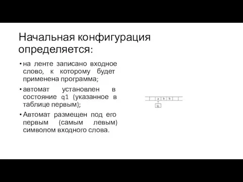 Начальная конфигурация определяется: на ленте записано входное слово, к которому