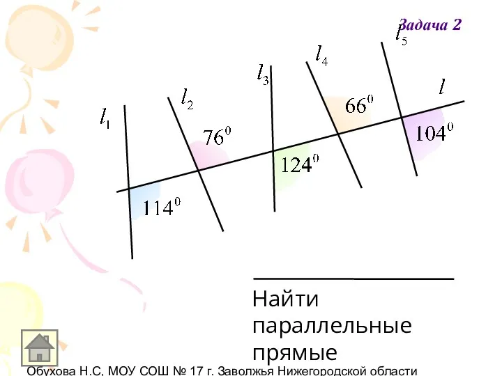 Обухова Н.С, МОУ СОШ № 17 г. Заволжья Нижегородской области Найти параллельные прямые Задача 2