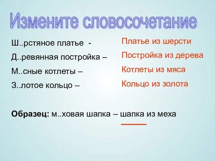 Измените словосочетание Ш..рстяное платье - Д..ревянная постройка – М..сные котлеты