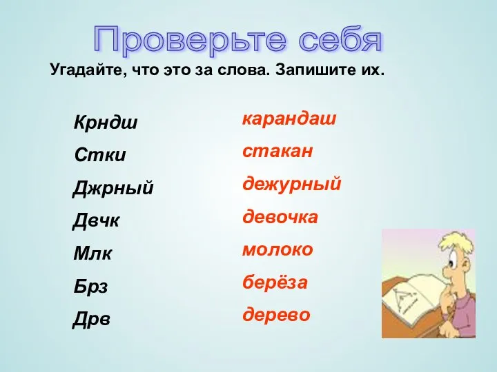 Проверьте себя Угадайте, что это за слова. Запишите их. Крндш