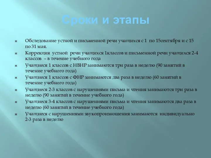 Сроки и этапы Обследование устной и письменной речи учащихся с