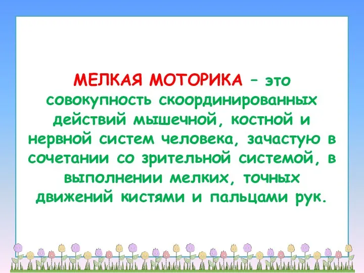 МЕЛКАЯ МОТОРИКА – это совокупность скоординированных действий мышечной, костной и