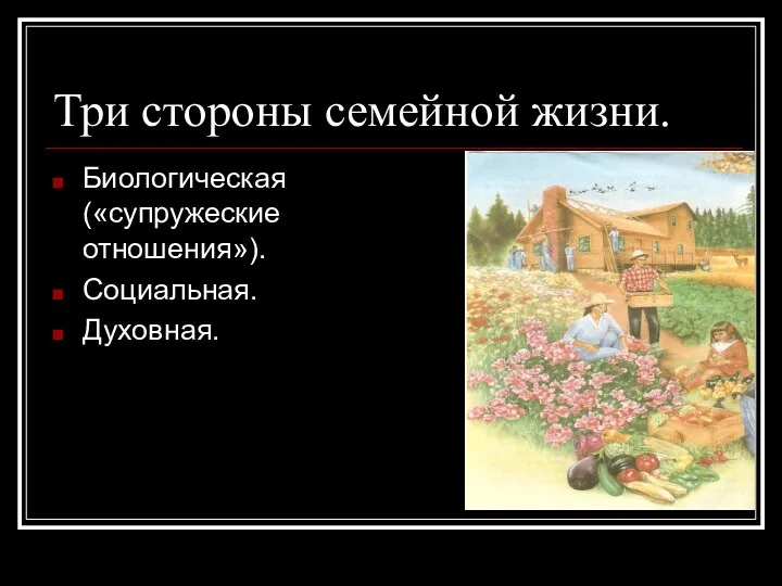 Три стороны семейной жизни. Биологическая («супружеские отношения»). Социальная. Духовная.