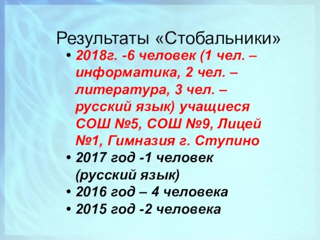 Результаты «Стобальники» 2018г. -6 человек (1 чел. –информатика, 2 чел.