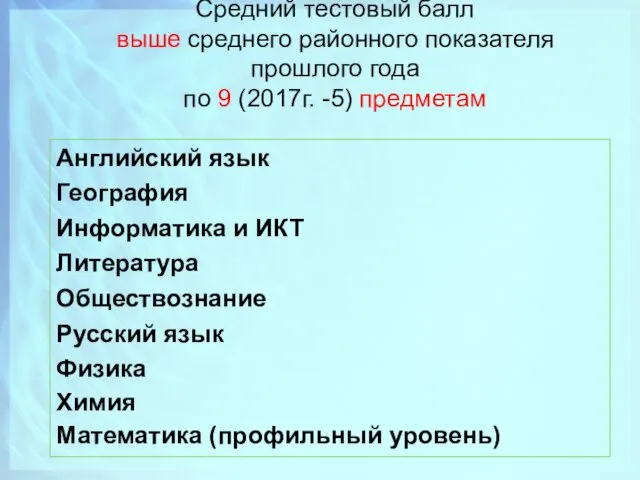 Средний тестовый балл выше среднего районного показателя прошлого года по