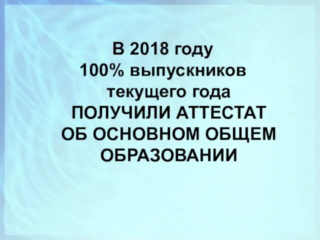 В 2018 году 100% выпускников текущего года ПОЛУЧИЛИ АТТЕСТАТ ОБ ОСНОВНОМ ОБЩЕМ ОБРАЗОВАНИИ