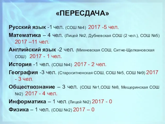 «ПЕРЕСДАЧА» Русский язык -1 чел. (СОШ №4) 2017 -5 чел.