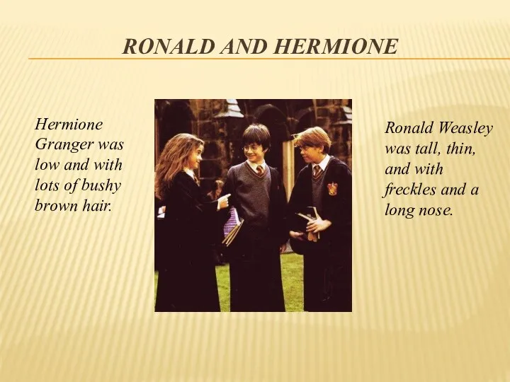 Hermione Granger was low and with lots of bushy brown hair. Ronald Weasley