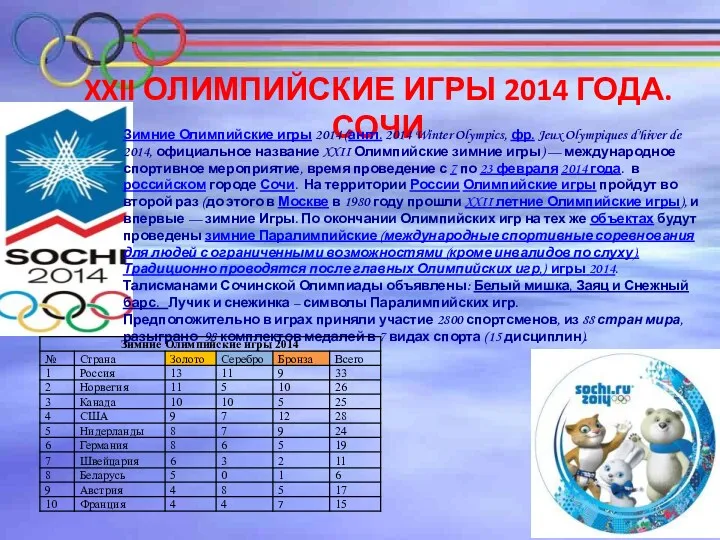 XXII Олимпийские игры 2014 года. Сочи Зимние Олимпийские игры 2014 (англ. 2014 Winter
