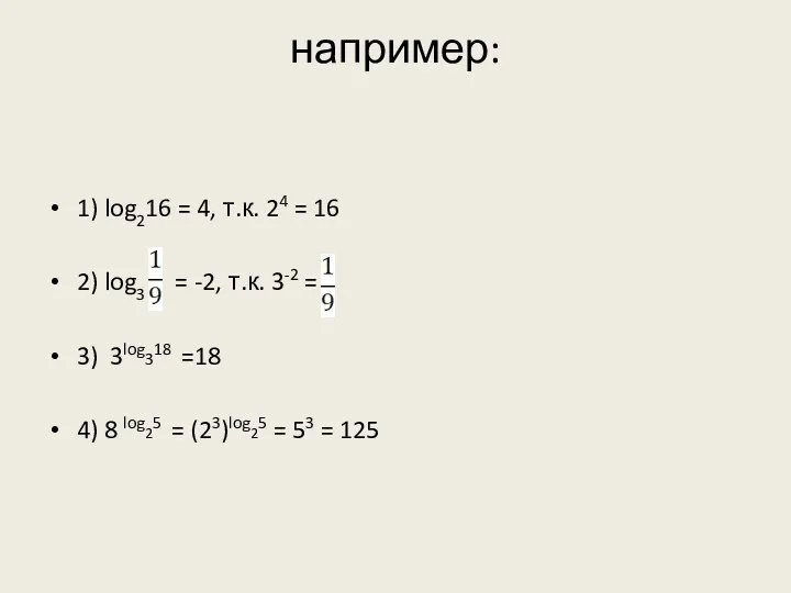 например: 1) log216 = 4, т.к. 24 = 16 2) log3 = -2,