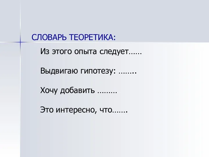 СЛОВАРЬ ТЕОРЕТИКА: Из этого опыта следует…… Выдвигаю гипотезу: …….. Хочу добавить ……… Это интересно, что…….