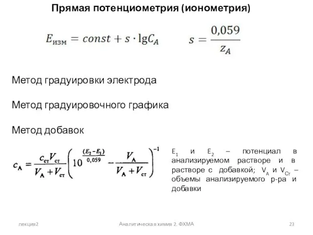 лекция2 Аналитическая химия 2. ФХМА Прямая потенциометрия (ионометрия) Метод градуировки
