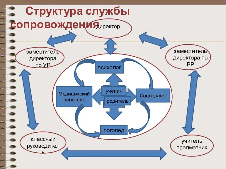 Структура службы сопровождения директор психолог Медицинский работник Соцпедагог логопед ученик заместитель директора по