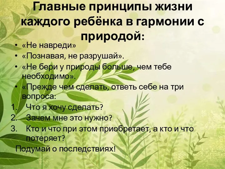 Главные принципы жизни каждого ребёнка в гармонии с природой: «Не